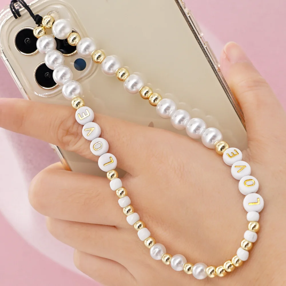 

Trendy Bohemian White Imitation Pearl Round Beads LOVE Letters Mobile Phone Chain Women's Anti-lost Lanyard Jewelry Gifts