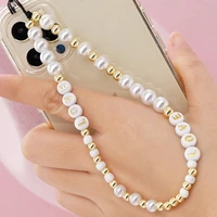 trendy bohemian white imitation pearl round beads love letters mobile phone chain womens anti lost lanyard jewelry gifts