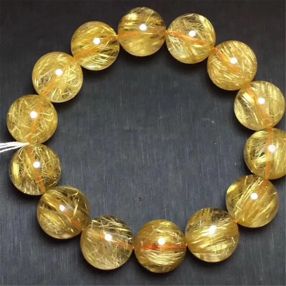 

16mm Real Natural Brazil Gold Rutilated Bracelet For Woman Man Crystal Titanium Round Beads Stretch Jewelry AAAAA Certificate