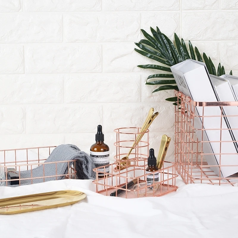 Металлические настольные корзины для хранения цвета розового золота органайзер