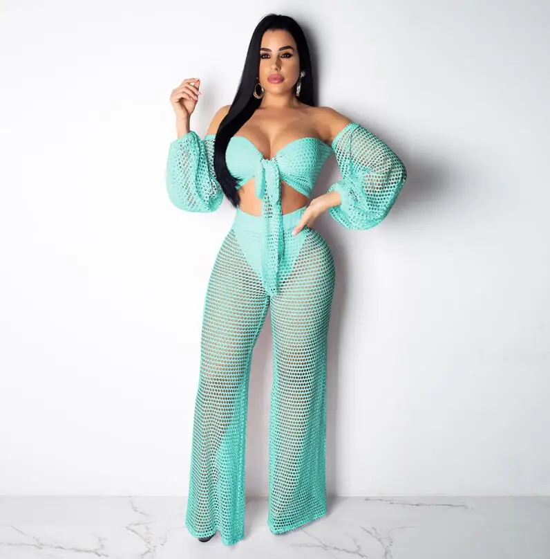

Sexy Fishnet Beach Two Piece Sets Women Mesh Hollow Out Strapless Bow Tie Crop Top Wide Leg Pant Suits Matching Sets bikini set