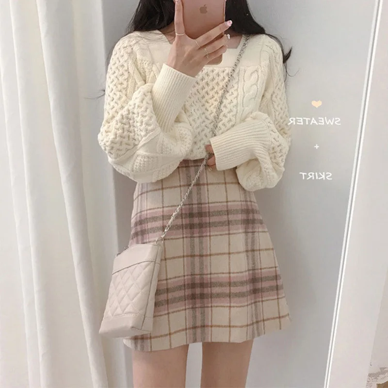 

Spring Casual Women Two-Piece Sweater + Lattice Short Skirt Long Sleeve Square Collar Solid Ladies Loose Above Knee Skirt Y91