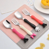 cute cartoon stainless steel non slip baby training tableware cutlery fork spoon suit solid food feeding for kids children gift