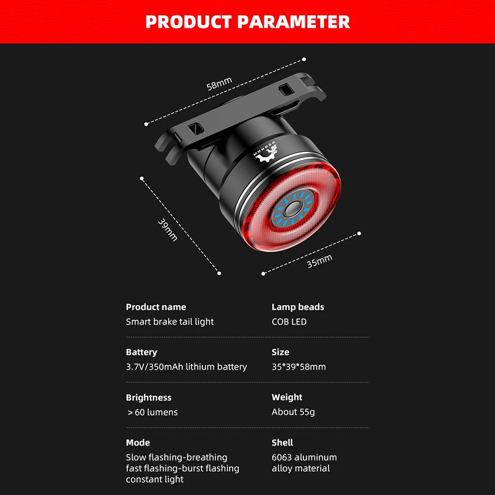 

Smart Bicycle Rear Light Set Auto Start/Stop Brake Sensing IP65 Waterproof USB Charge Cycling Taillight Bike LED Light