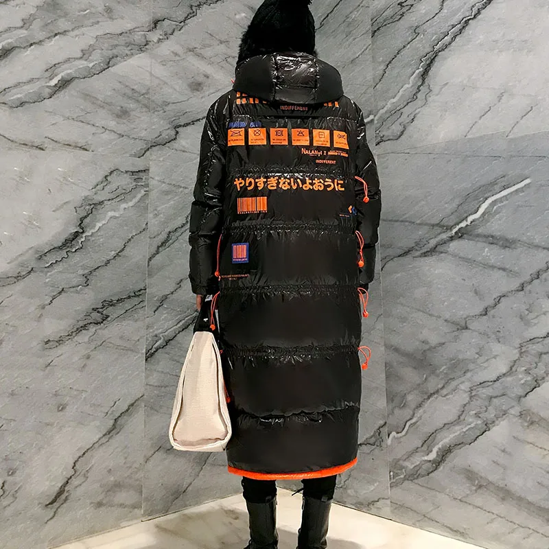 Женский Длинный блестящий пуховик 90% белого утиного пуха верхняя одежда с