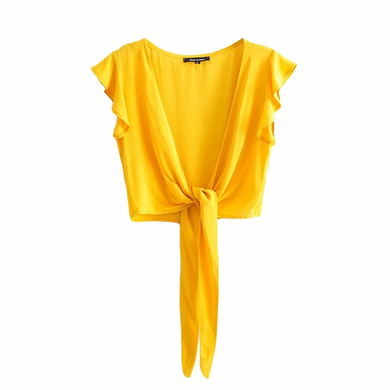 

Уличная Женская изящество хлопчатобумажная короткий Блузки для женщин с v-образным вырезом крест блуза с рукавом-бабочкой, топы