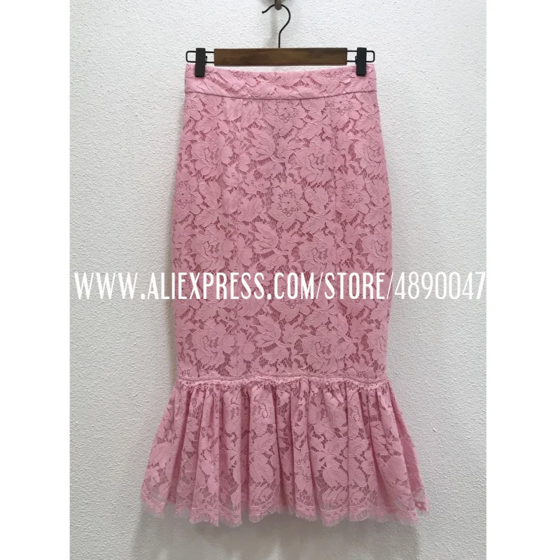 

Water-soluble lace high waist bag hip fishtail skirt is thin elegant high-quality women's mid-length skirt silk lining