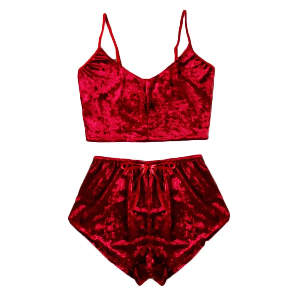 2Pcs Pajama Sets Women's Sexy Spaghetti Strap Velvet Shorts Set Sleepwear Babydoll Lingerie Femme Pyjamas Women Plus Size S-3XL | Женская