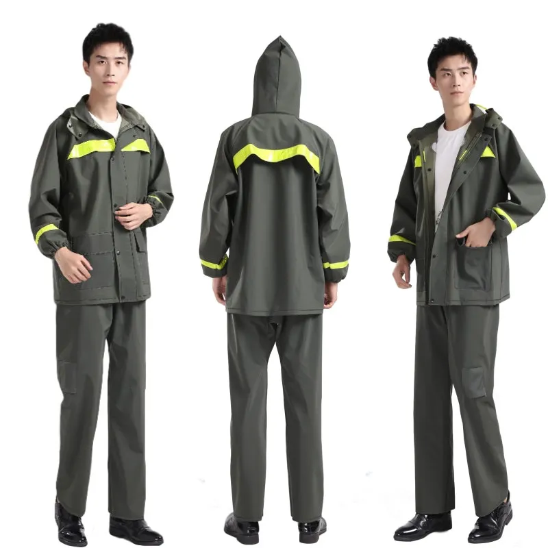

Reflective raincoat rain pants adult suit thickened rainproof army green knitted fabric raincoat suit