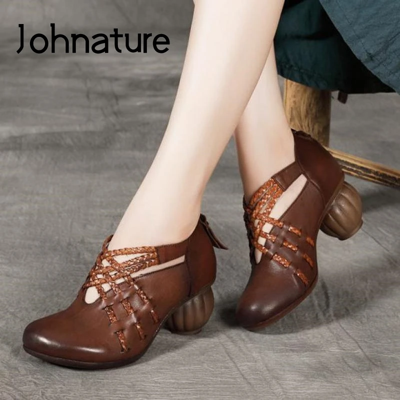 

Johnature Genuine Leather Pumps Women Shoes High Heels Round Toe 2021 New Autumn Retro Zip Sewing Casual Handmade Ladies Shoes