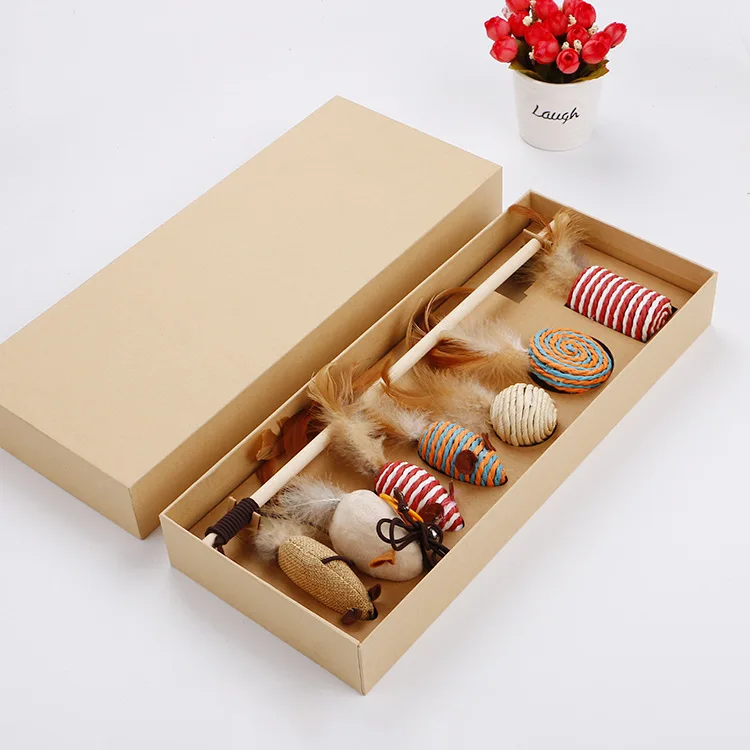

1 Set Pet Cat Toys Set Funny Cat Stick Set Pet Interactive Puzzle Toy Feather Wood Rod Mouse Teaser Toy Pet Supply Gift