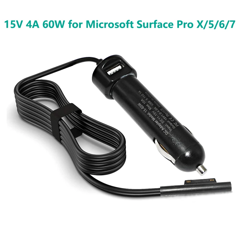 60W Laptop Car Charger Dc Adapter for Microsoft Surface Pro X/5/6/7 15V 2.58A 4A Car Adapter with USB Port