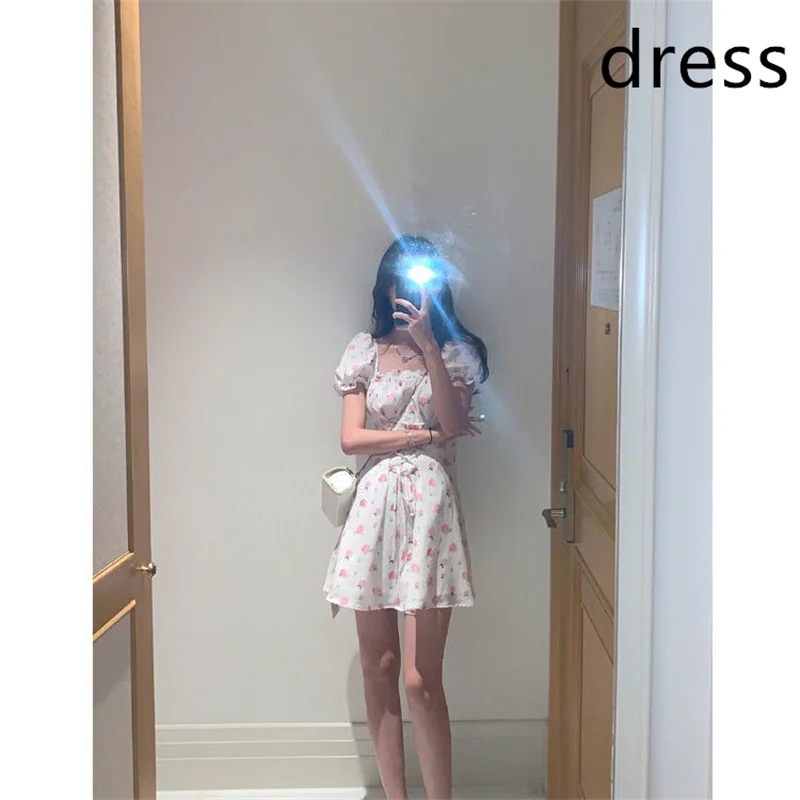 

Small fresh floral dress female summer French sweet design sense square neck short skirt lace-up waist puff sleeve skirt