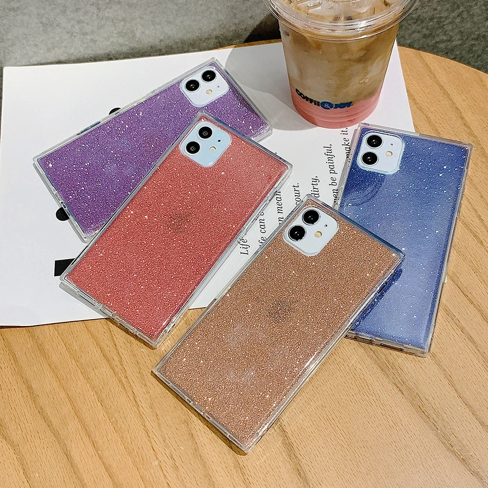 Блестящий квадратный силиконовый чехол с прямыми боками для IPhone 11 12 Pro Max X XR XS 7 8 Plus