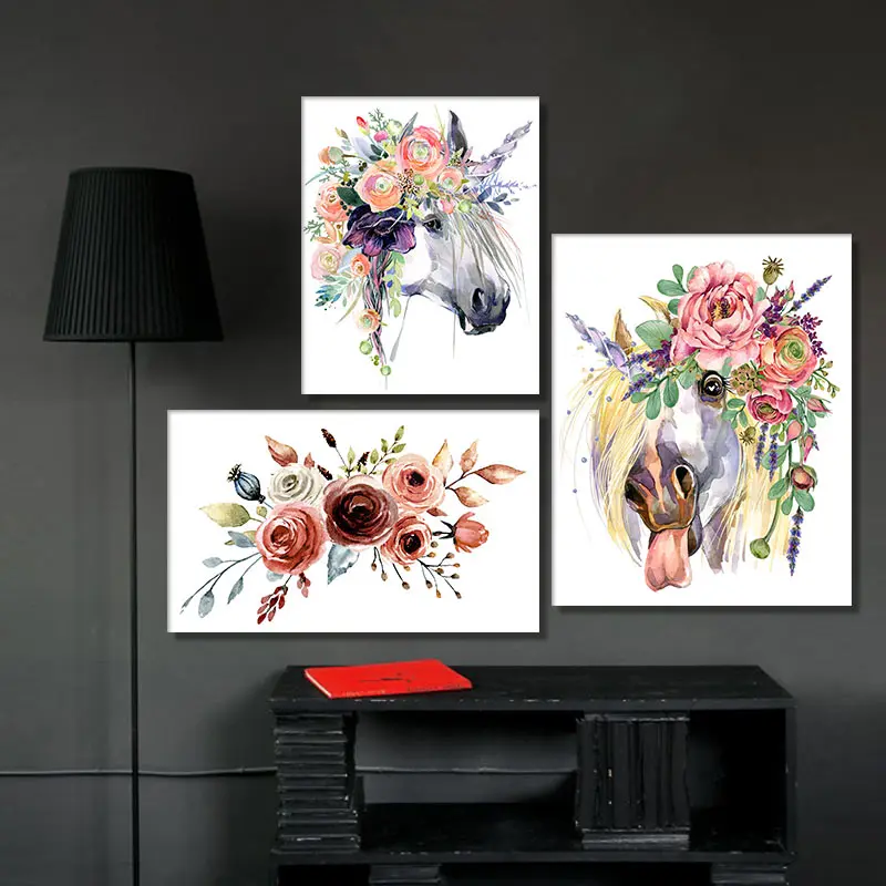 Винтажный стиль цветочный рисунок холст постер лошадь с цветком хижина
