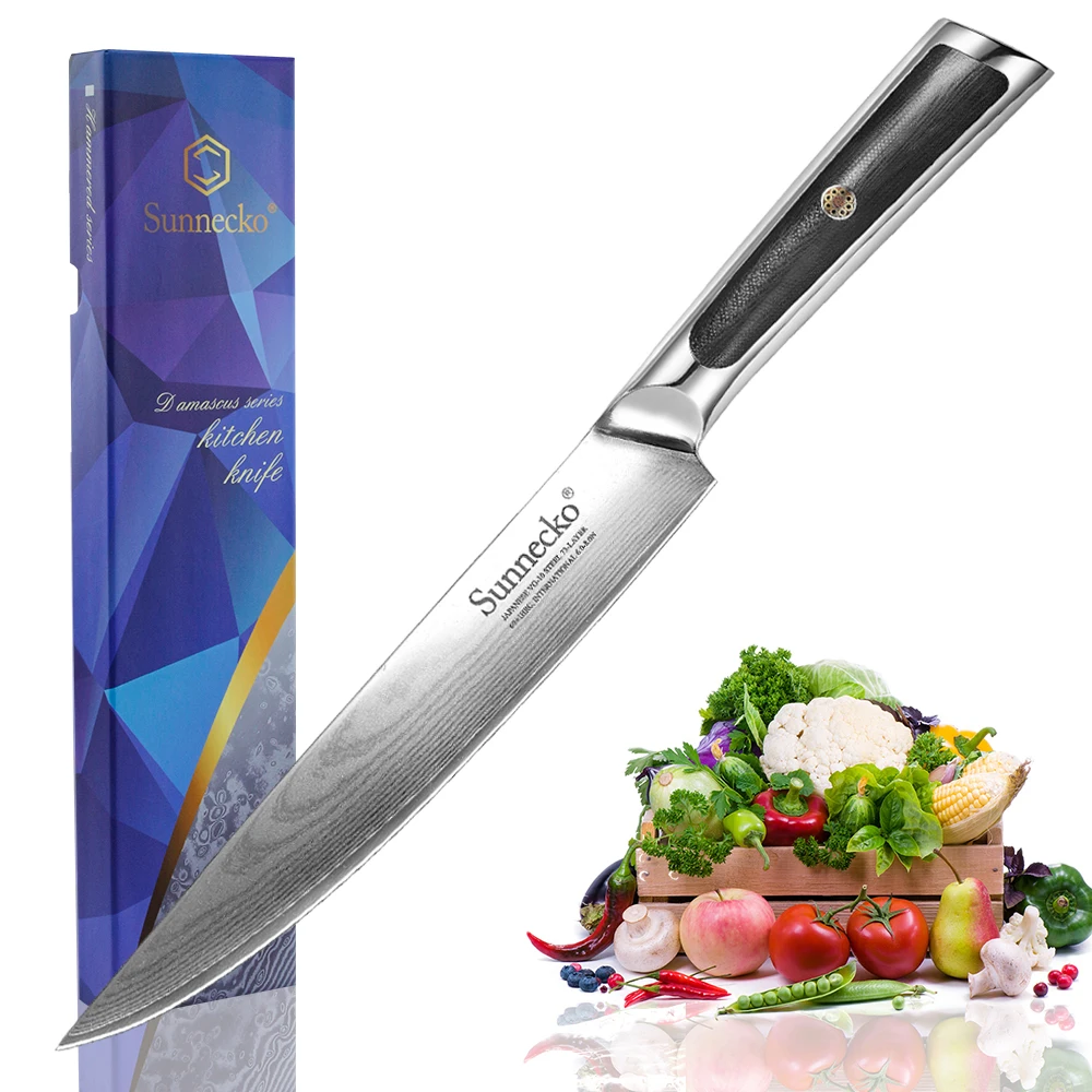 

Sunnecko 8" Slicing Damascus Kitchen Knife Japanese VG10 Core Steel Razor Sharp Blade G10 Handle Restaurant Chef Slicer Knives