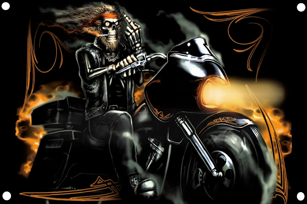 Череп с мотоциклетным курением средний палец пожарный баннер домашнее украшение