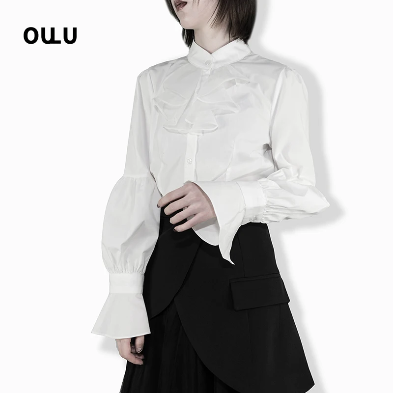 

Vintage White Women Top And Blouses Necktie Horn Sleeve Gothic Formal Shirt Clothes