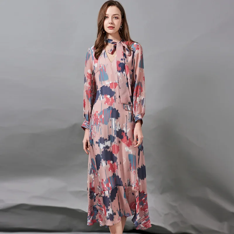 

Женское длинное шелковое платье, платье из 100% шелка жоржета с поясом и принтом, летнее платье 2021