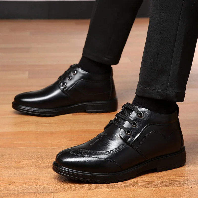 

FEBMOFL Winter Waterproof Men's Casual Leather Shoes Flannel High Top Slip-on Male Casual Shoes Rubber Warm Winter Shoes for Men