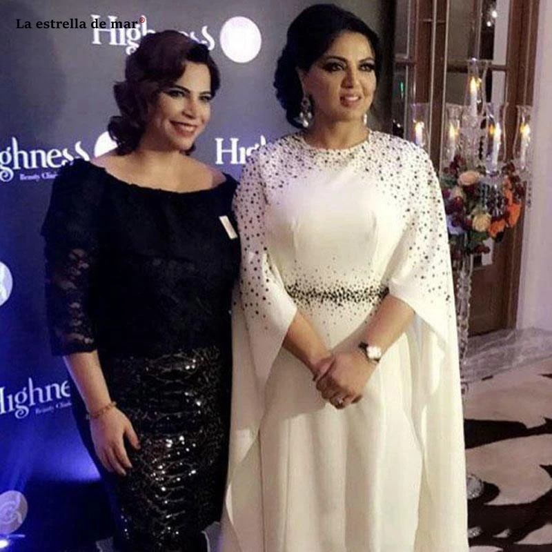 

Newest Arabic Evening Dresses with Cape Sleeve Jewel Neck Formal Wear Prom Gowns vestido largo fiesta noche elegante custom robe