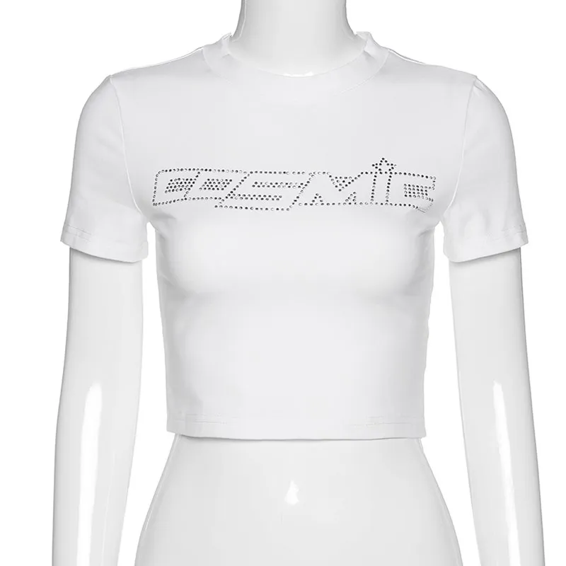 

O Neck All-match Short Sleeve Crop Top Women Summer Casual T Shirt Basic Sexy Streetwear Spider Rhinestone Black Harajuku Tops