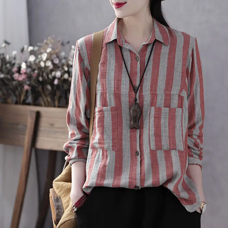 

100% Cotton Linen Women Shirts Summer New 2021 Turn-Down Collar Striped Straight Pocket Slim Casual Female Outwear Tops