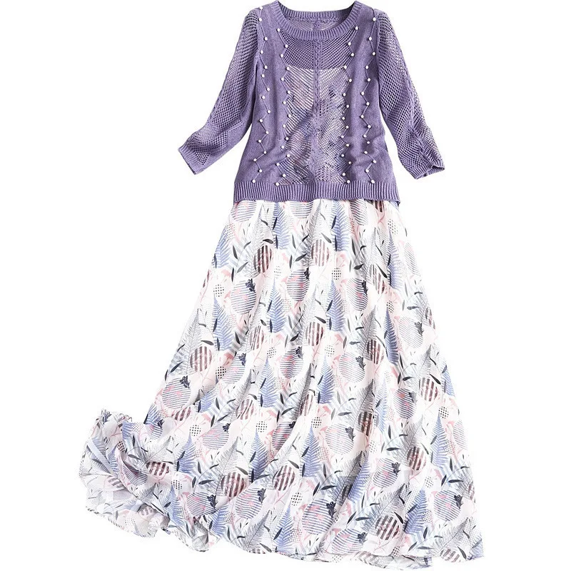 

Women summer dress new 2020 floral print plus size dresses sexy spaghetti strap + pearls beading purple sweater two piece set