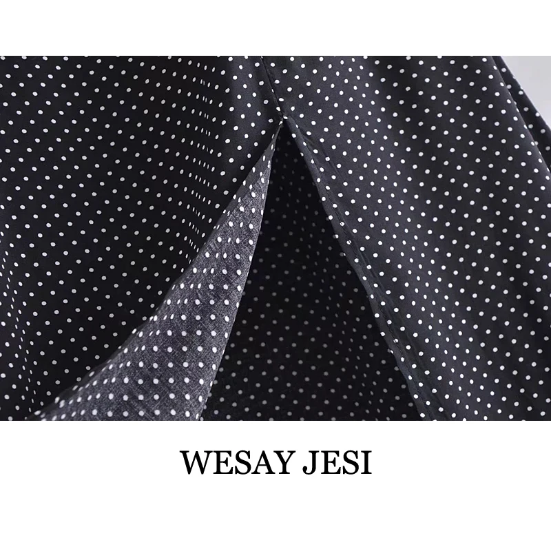 

WESAY JESI Women Dress New Fashion Patchwork Dots Print Soft Long Dress Vintage Short Sleeve With Lining Female Dresses Vestidos