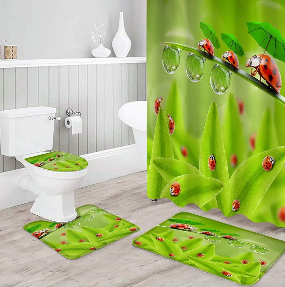 Прочная водонепроницаемая занавеска для душа с зелеными листьями божьей коровки