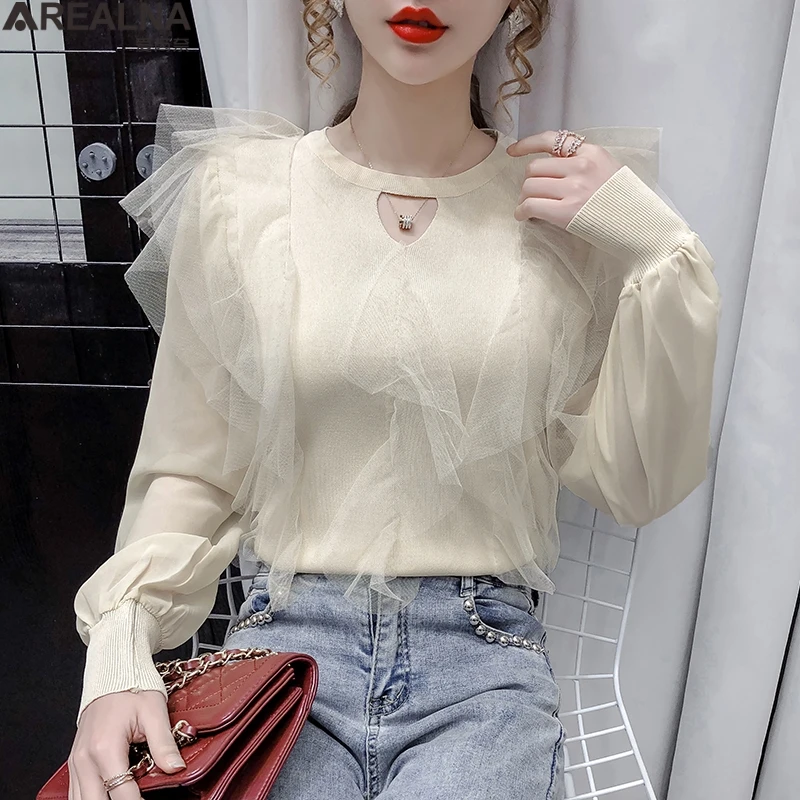 Женский свитер с рукавами-фонариками элегантный вязаный пуловер сетчатыми