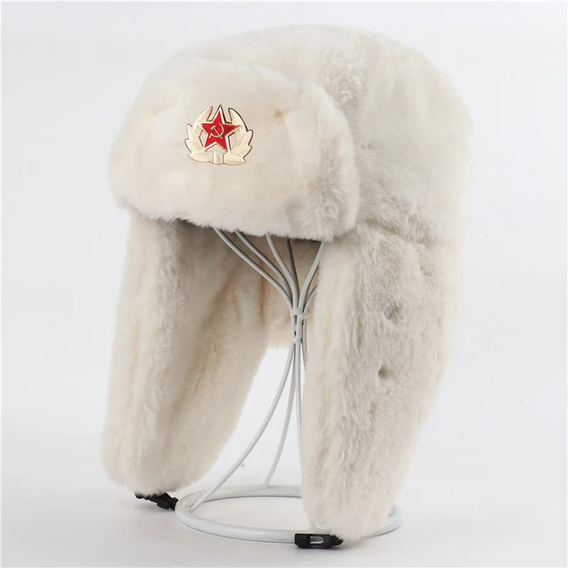 

Men Women Soviet Army Military Badge Russia Bomber Hats Pilot Trapper trooper Hat Winter Faux Fur Earflap Snow Caps 3 Styles