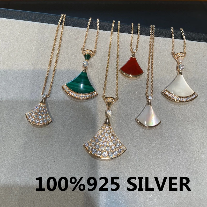 

Luxury jewelry 925 Sterling Silver Necklace butterfly Bag White Fritillaria skirt Fan Full drill chain Clover necklace