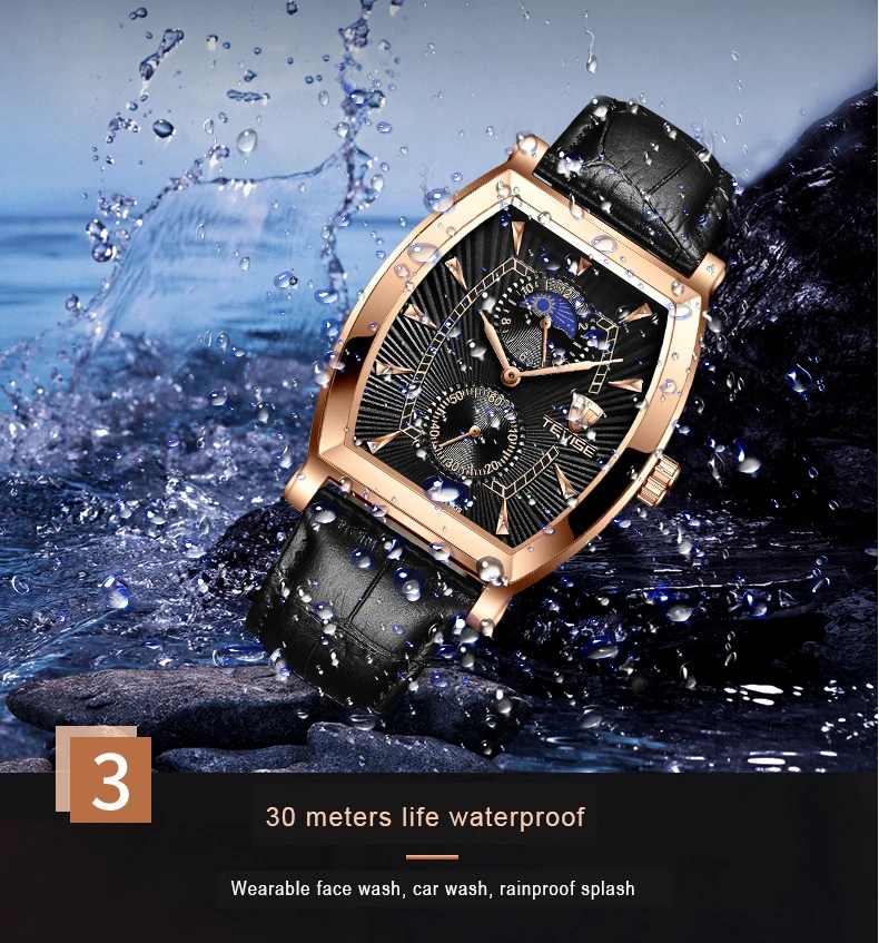 TEVISE 8383S мужские часы Moon Phase настоящие водонепроницаемые кварцевые часы с кожаным ремешком Мужские повседневные наручные часы Relogio Masculino