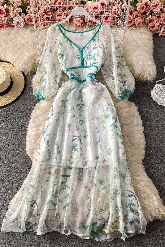

French Style Vintage V Neck Lantern Sleeve Long Dress Women's 2021 Spring Summer Chiffon Elegant Floral Dress Holiday Vestidos