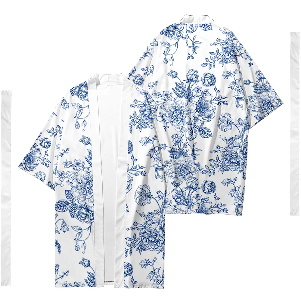 Kimono con estampado Floral para hombre, ropa de calle informal de verano, estilo Anime japonés Haori Yukata