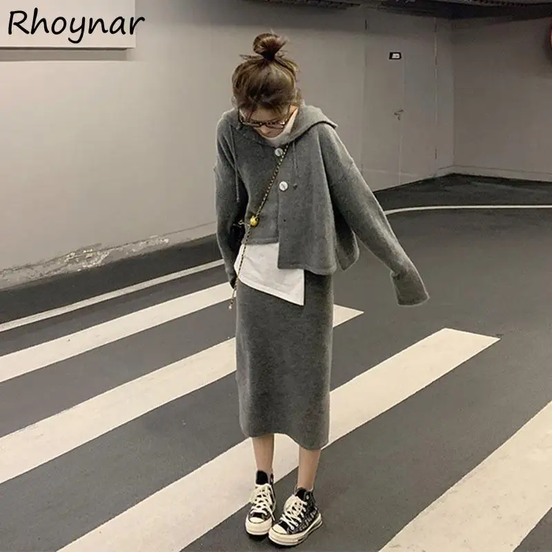 

Sets Women Solid Hooded All-match Cropped Fashion New Hoodies Elegant Casual Autumn Ulzzang Chic Simple Cozy Mid-calf Skirts Ins