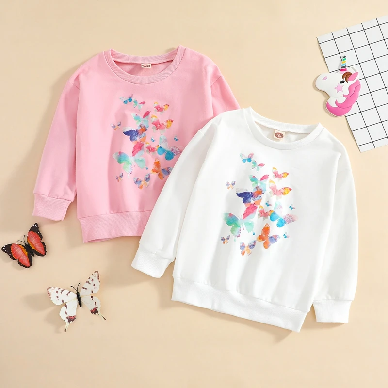 

Свитер с разноцветным принтом бабочек, Повседневная Толстовка для малышей, топы с длинным рукавом и круглым воротником из мультфильма, детс...