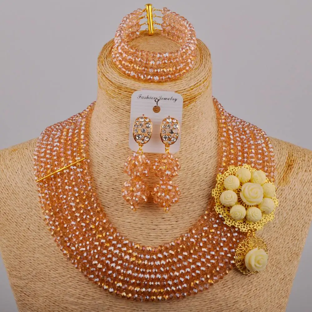 

Classic Nigerian Women's Wedding Dress Accessories Gold ab Crystal Bead Necklace African Bride Wedding Jewelry Set SJ-93