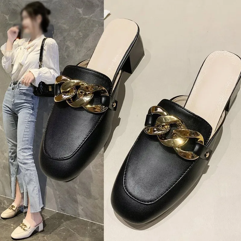 

Women's Slippers PU Leather Mid Heels Square Toe Metal Ladies Solft pearl Mules Fashion Elegant Female Plus Size 2021 Summer