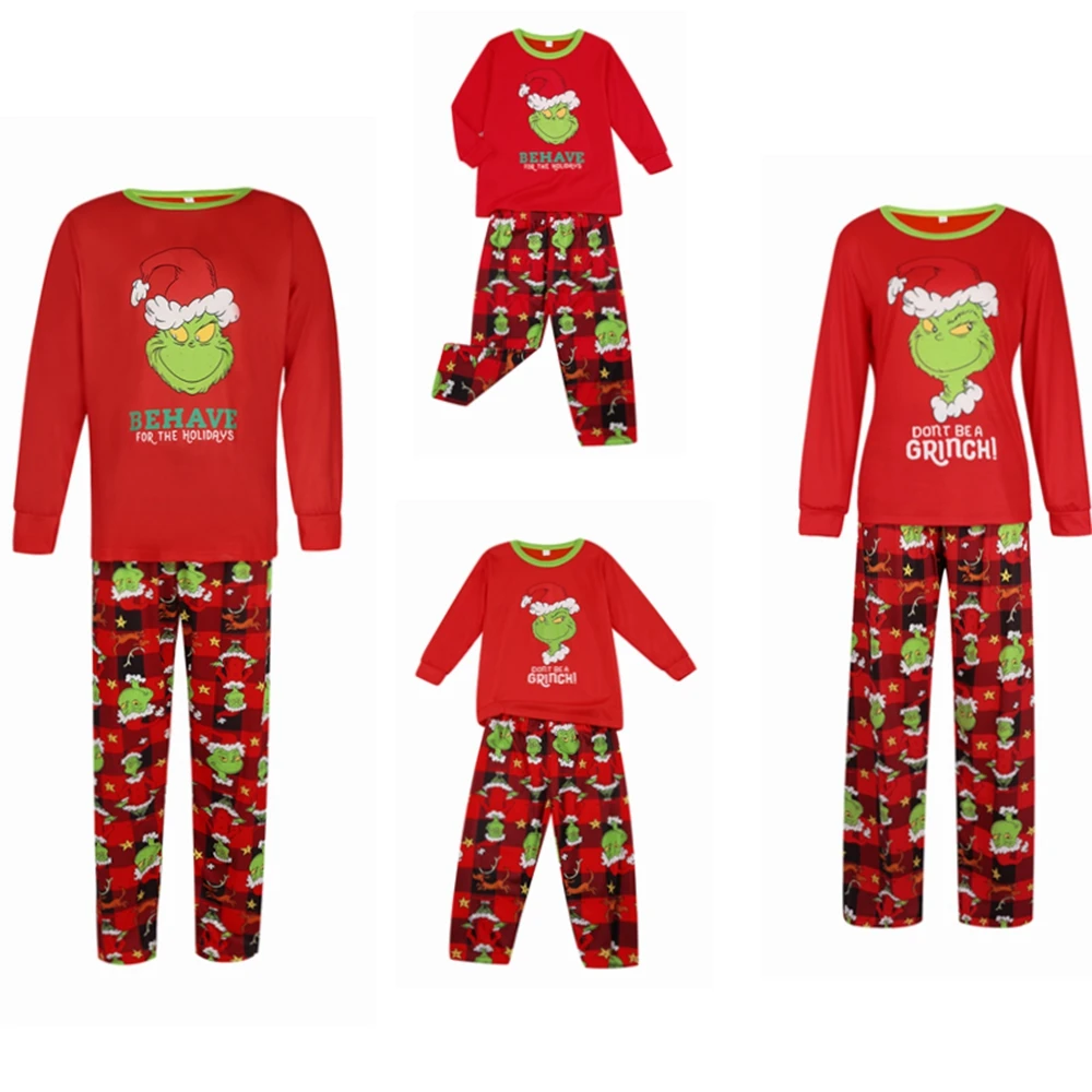 

Combhasaki Christmas Parent-child Nightwear Set Romper Autumn Polyester Red Long Sleeve Plaid Printed Pattern Tops and Pants