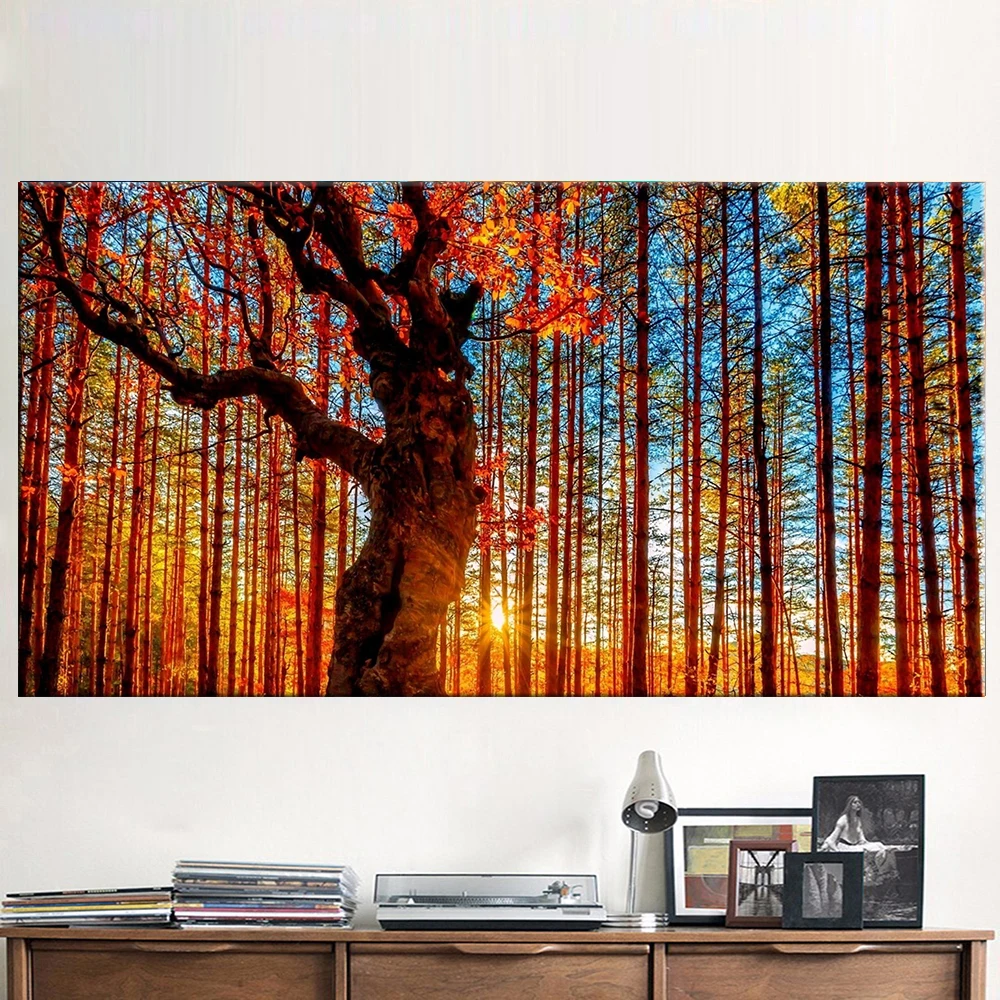 

Canvas Painting Modern Forest Sunset Landscape Art Autumn Scenery Live Wall HD Decoration Modular Forest Poster Home Decor