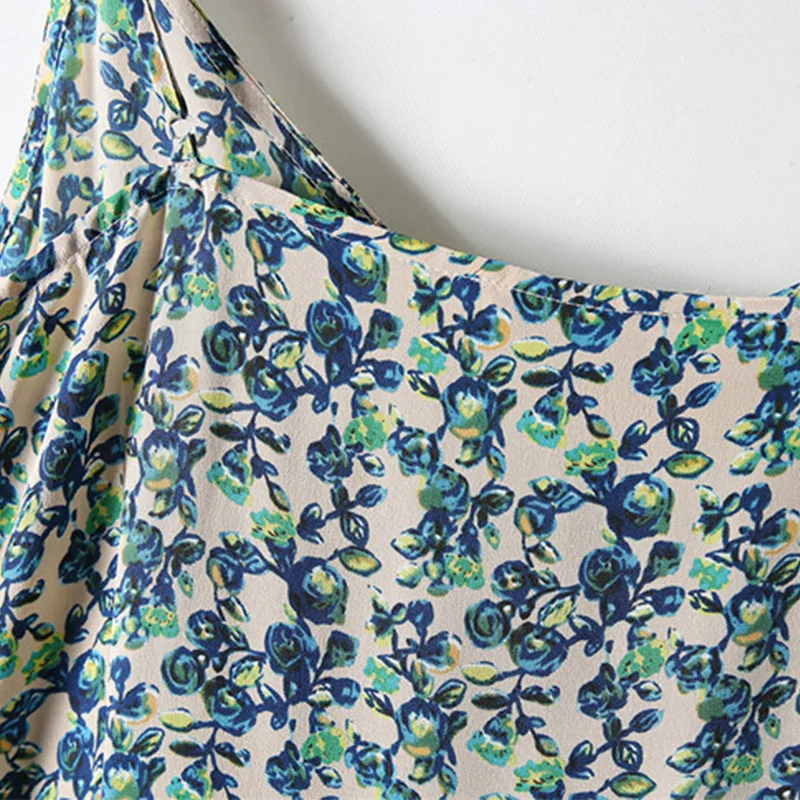 

SuyaDream Woman Long Dress 100%Silk Crepe Spaghetti Strap Floral Dresses 2021 Spring Summer Ruffles Dresses