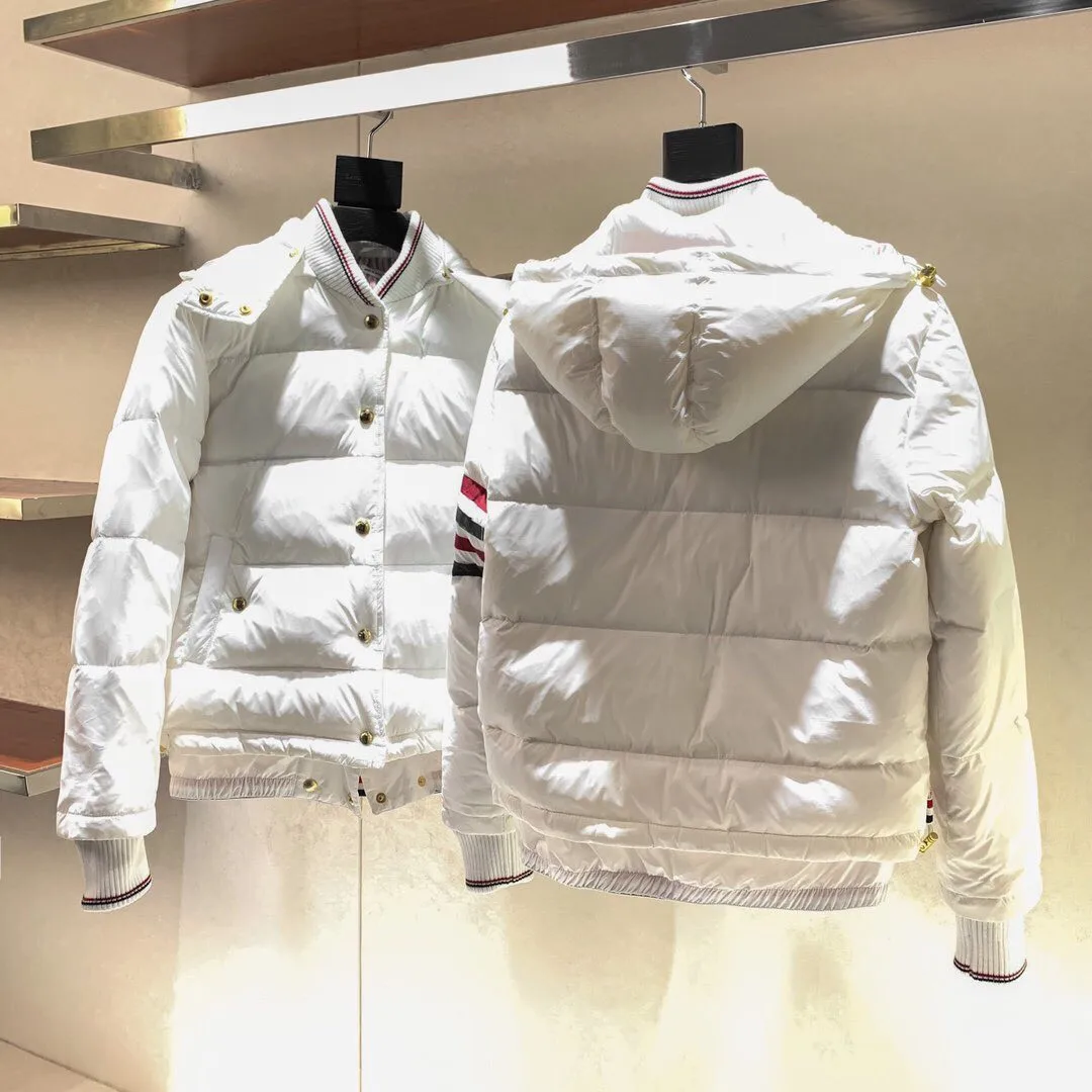 

2021 tb fashion brand hooded jacket men women striped short winter white duck down coat outerwear clothing male