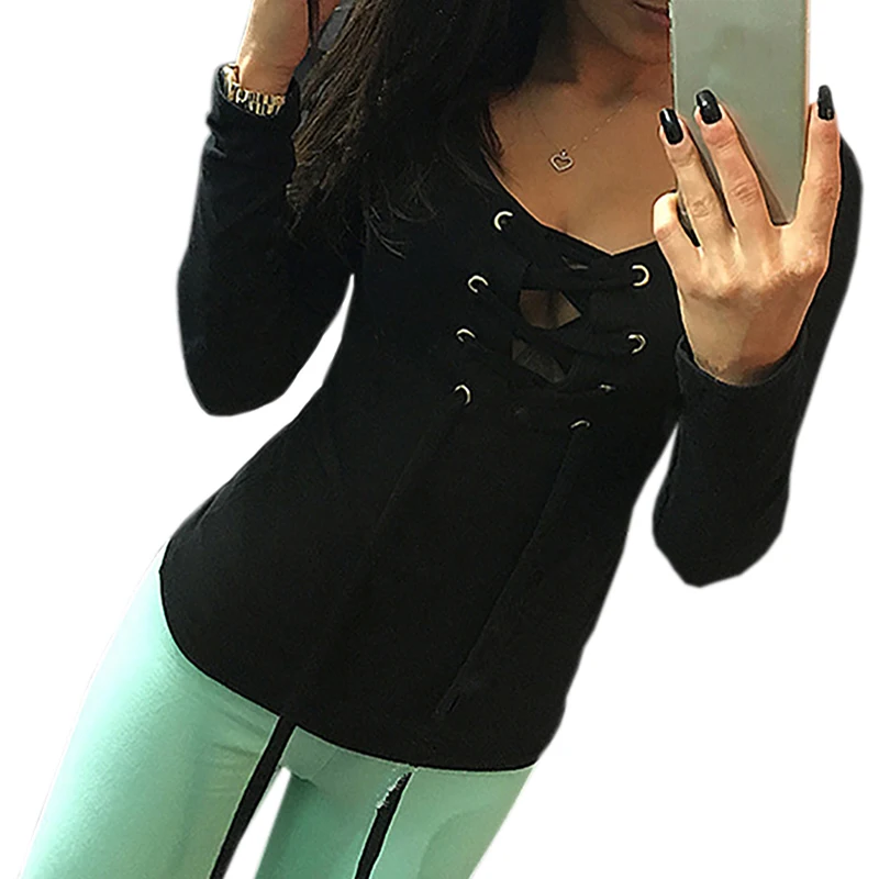 5 цветов Женские повседневные футболки топ сексуальный бандаж шнуровка длинный