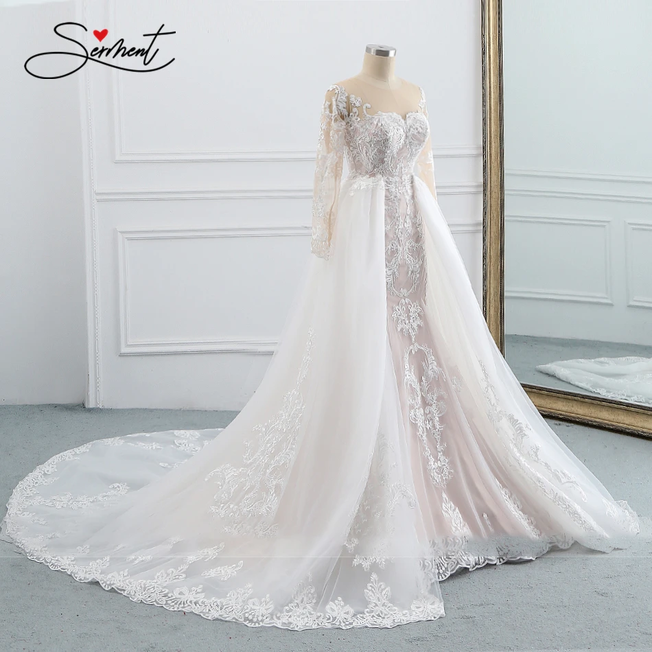 

BAZIIINGAAA свадебное платье без рукавов с круглым вырезом со съемным хвостом свадебное платье с кружевной аппликацией в виде русалки для невест...