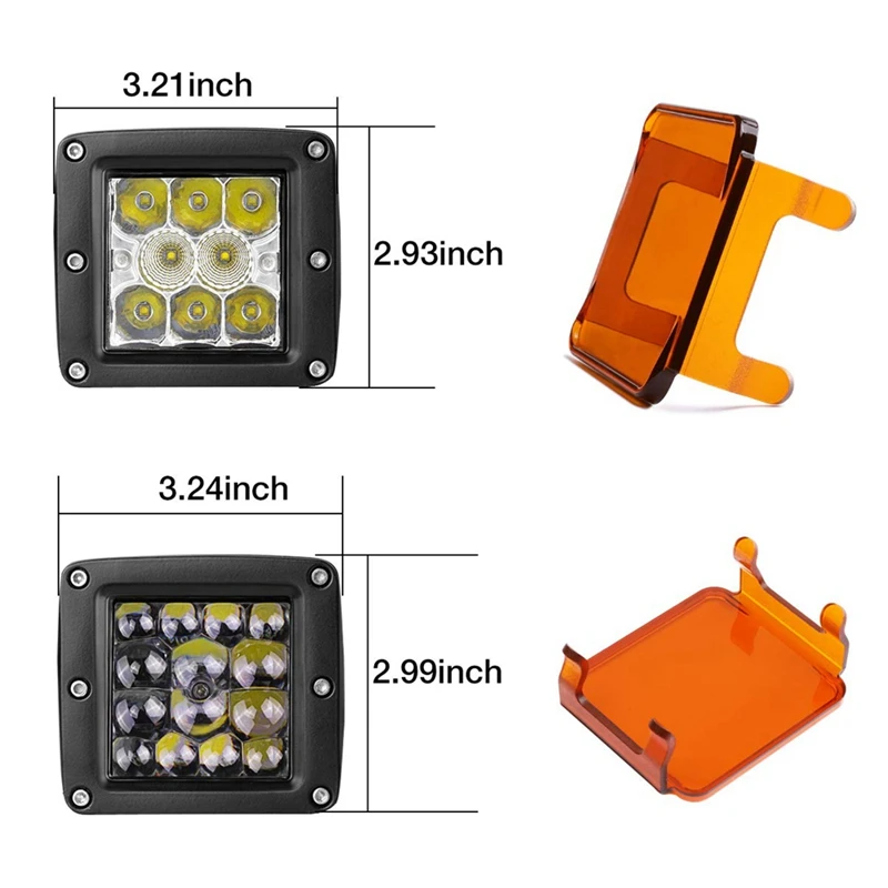 

2 Pcs 3 Inch Amber Led Pod Covers Square Led Light Bar Covers with 4 Inch Side Shooter LED Lights 2Pcs