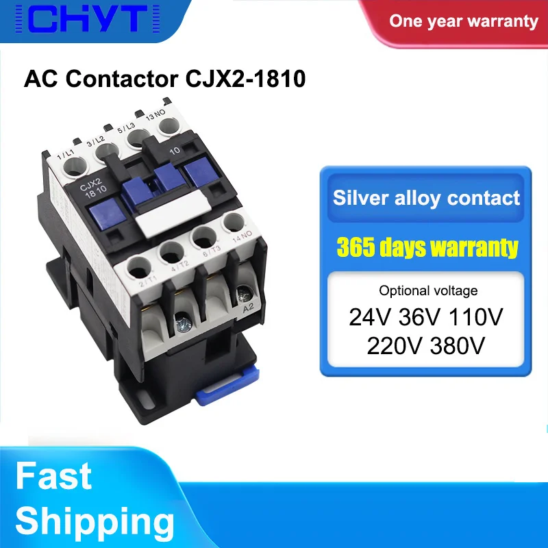 

CJX2-1810 LC1-D18 AC Contactor 18A 3 Phase 3-Pole 380V 220V 110V 36V 24V 50/60Hz Din Rail Mounted 3P+1NO Normal Open