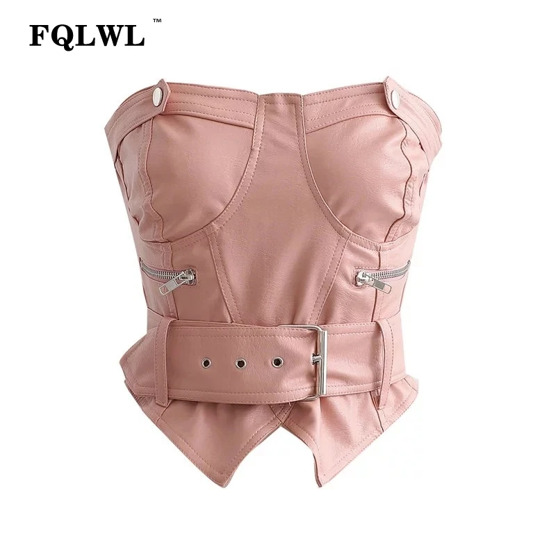 Розовый FQLWL, искусственная кожа, облегающий женский короткий топ, с поясом, открытая спина, с открытыми плечами, летняя майка, женская сексуальная, вечерние, Haut Femme, бюстье, топы - Цвет: Розовый