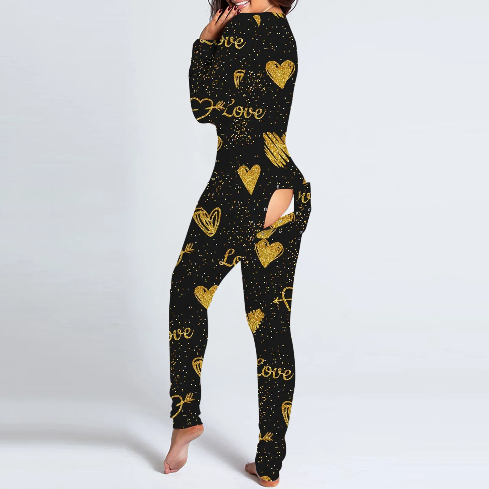 Sexy Women Christmas Cutout Functional Buttoned Flap Adults Pajamas Club Button Design Plunge Lounge Jumpsuit
